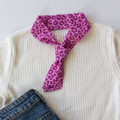 Pink Leopard Print Skinny Bow Scarf