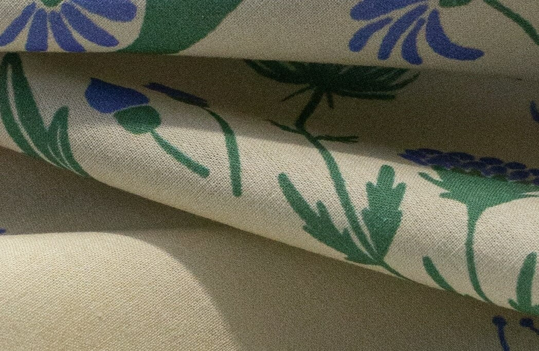 Close-up of fabric with blue and green floral pattern